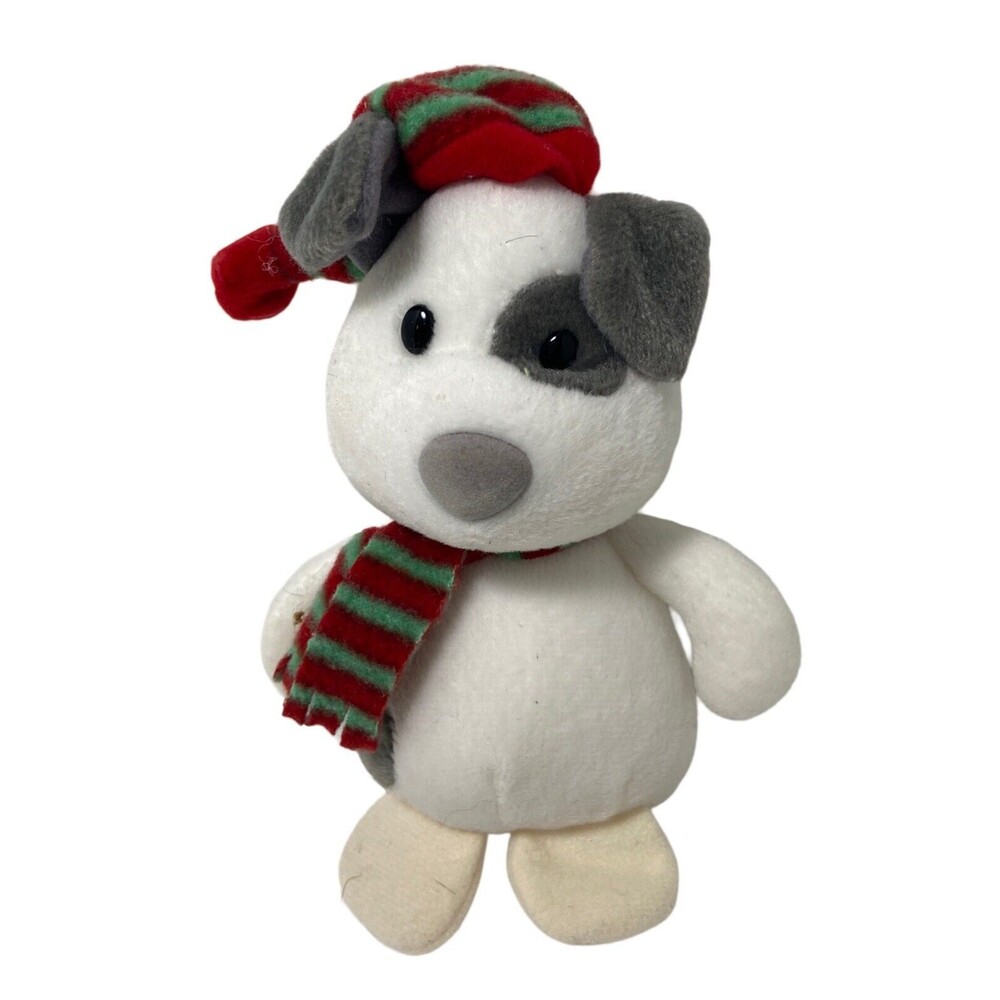 Target Dog Small Plush White Gray Red  Stuffed Animal With Scarf and Hat Sitting
